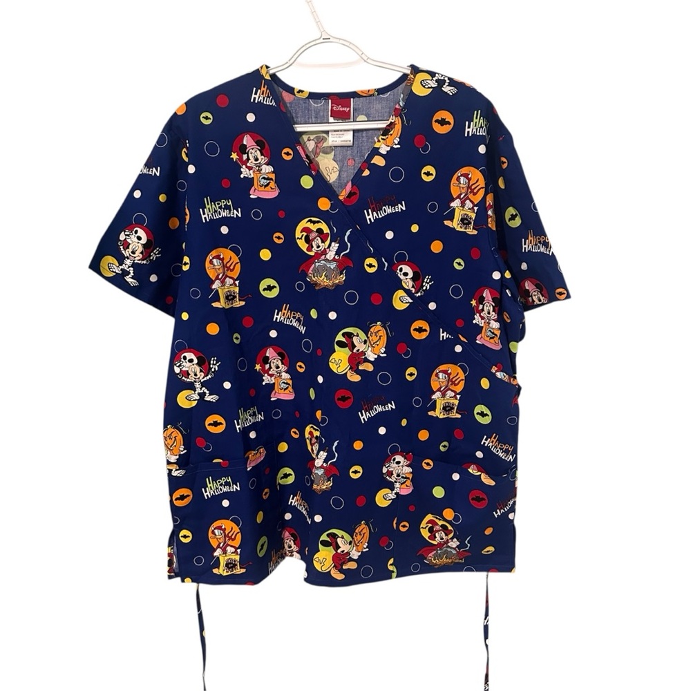 Disney Halloween Scrub Top Shirt XL Blue Mickey Minnie Donald Duck Halloween